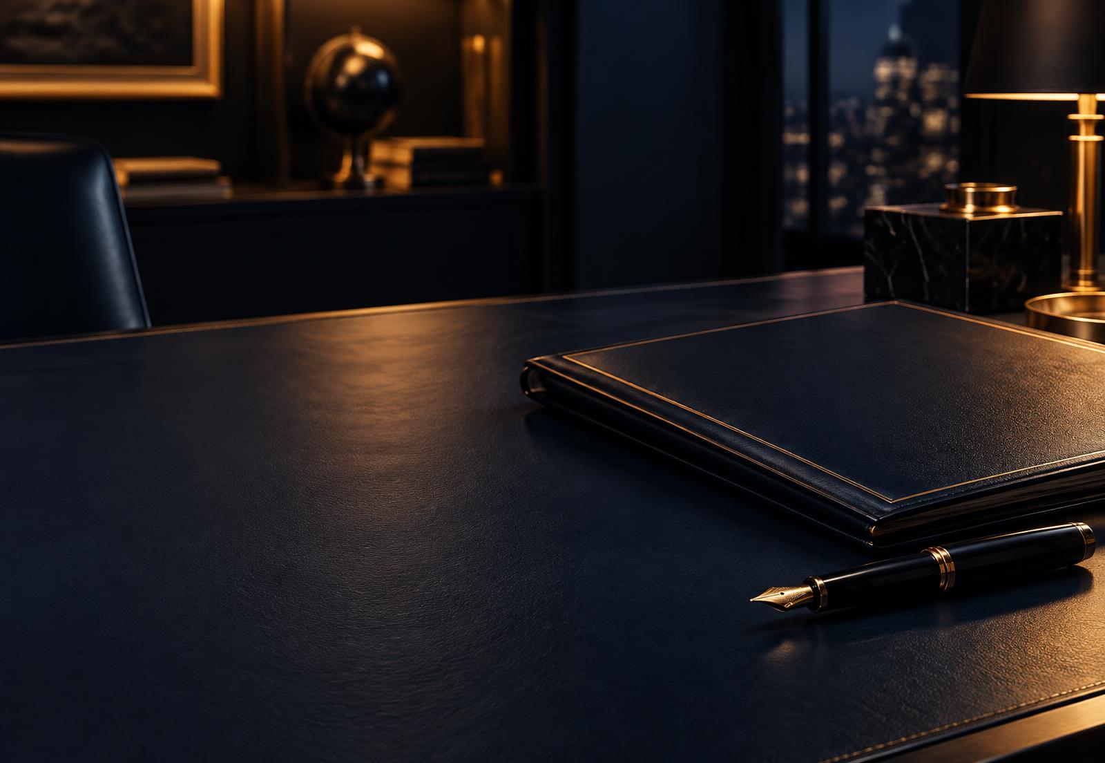 Navy leather desk with a gold-trimmed document folder and fountain pen in a private financial office